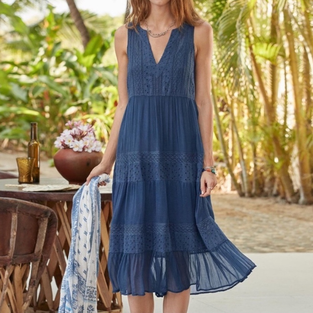 Sundance Dress Zellie Eyelet Dark Blue Midi Sleeveless Boho Women’s Size Small
